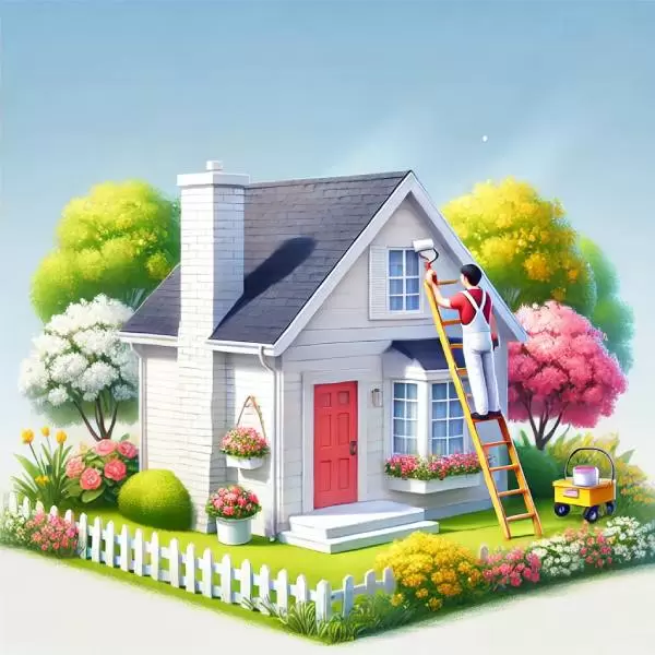 a painter stands on a ladder in front of a house surrounded by flowers